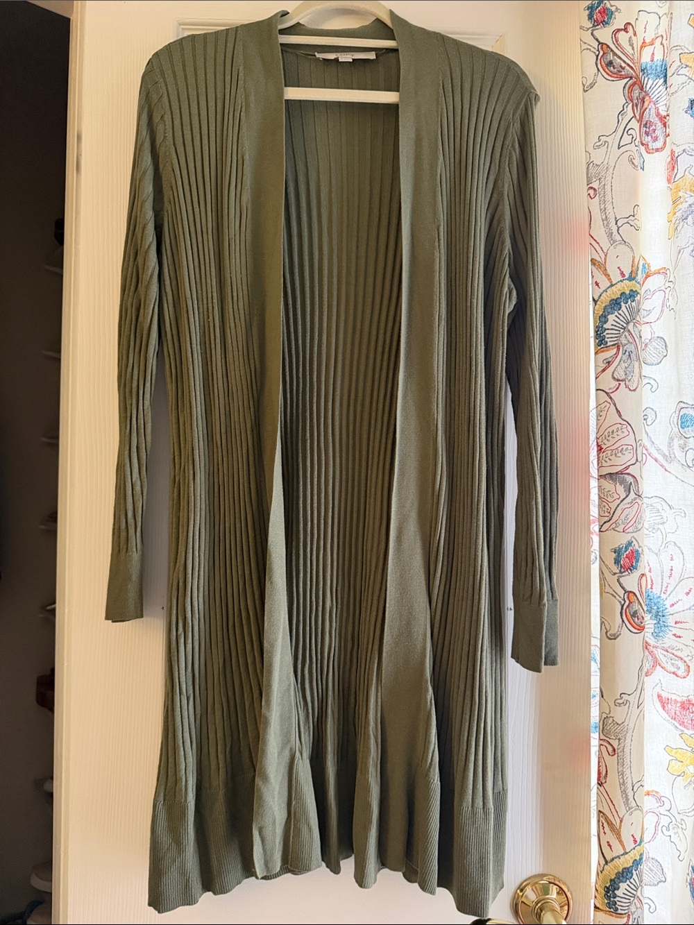 LOFT Olive Green Ribbed Open Front Long Cardigan